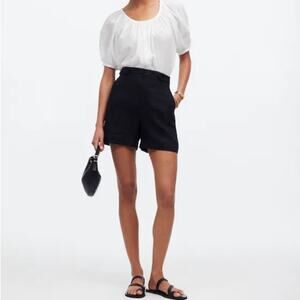 Madewell | Black 100% Linen Clean Button-Tab Shorts High Waisted Casual Comfy 6